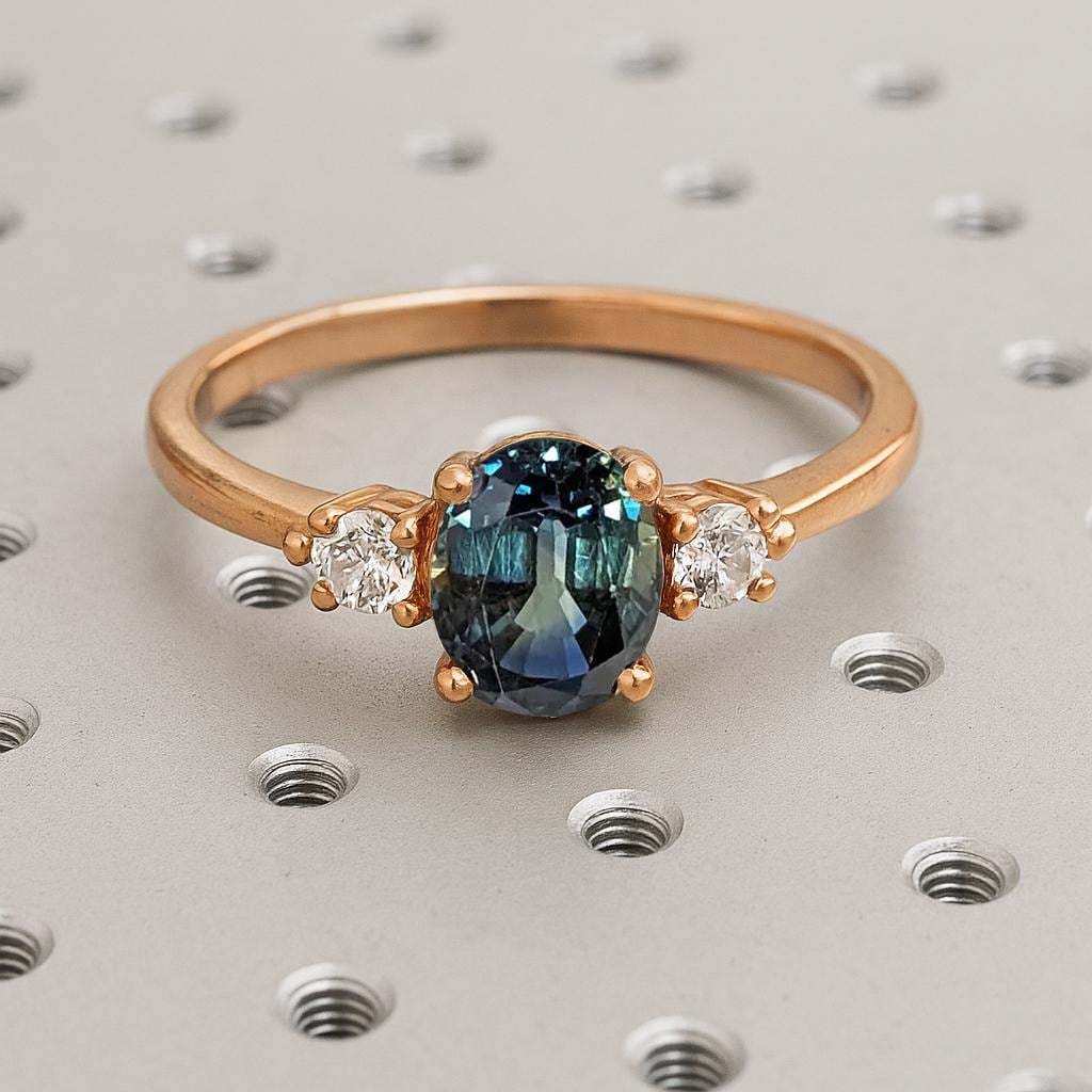 Peacock Sapphire Engagement Ring, Dainty 14k Rose Gold Ring, Diamond