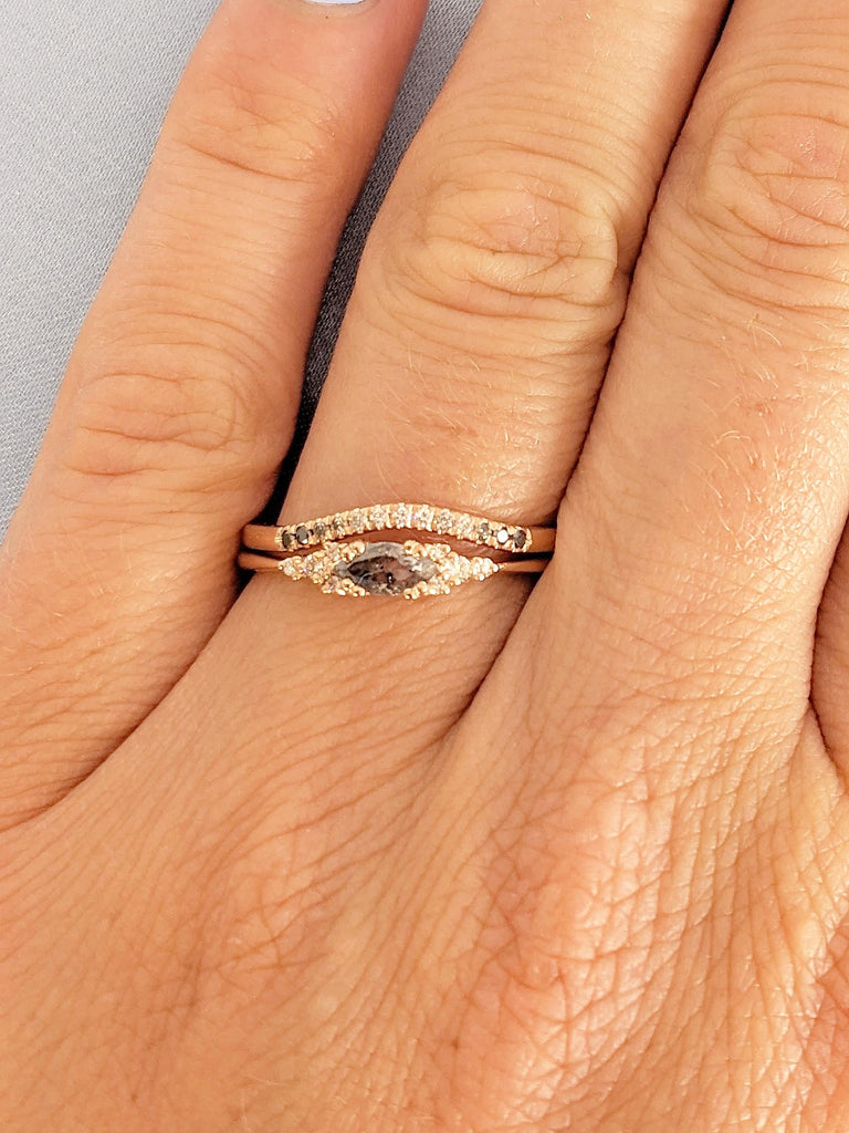 Marquise Cut Salt and Pepper Diamond Wedding Ring Set, 14K Rose Gold Bridal Ring Set
