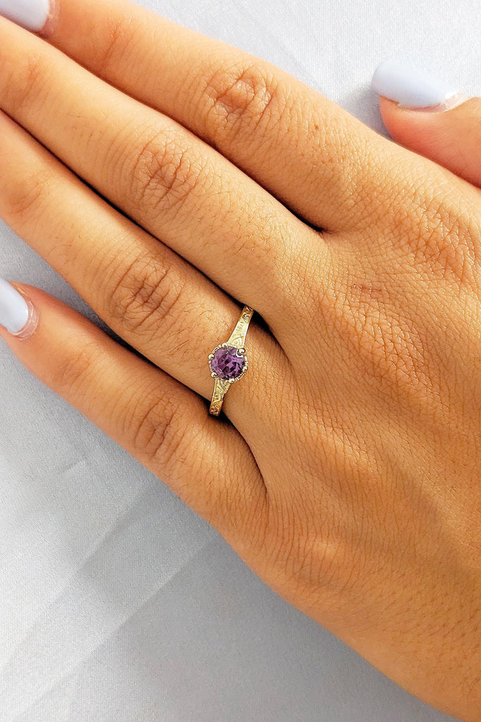 Round Cut Alexandrite Ring, 14K Yellow Gold, Vintage Filigree Hidden Halo Birthstone Ring