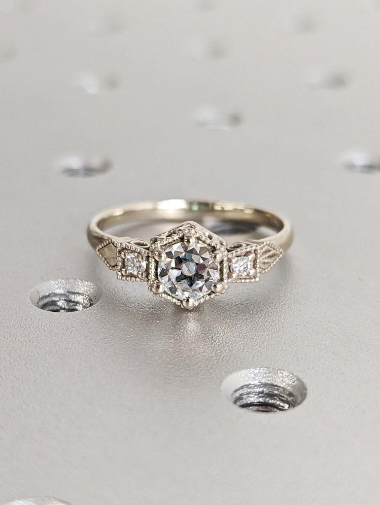Old Mine Cut Antique Round Cut Moissanite Engagement Ring | 1-4 CT Round Cut 14k White Gold Ring | OMC Moissanite Proposal Anniversary Ring