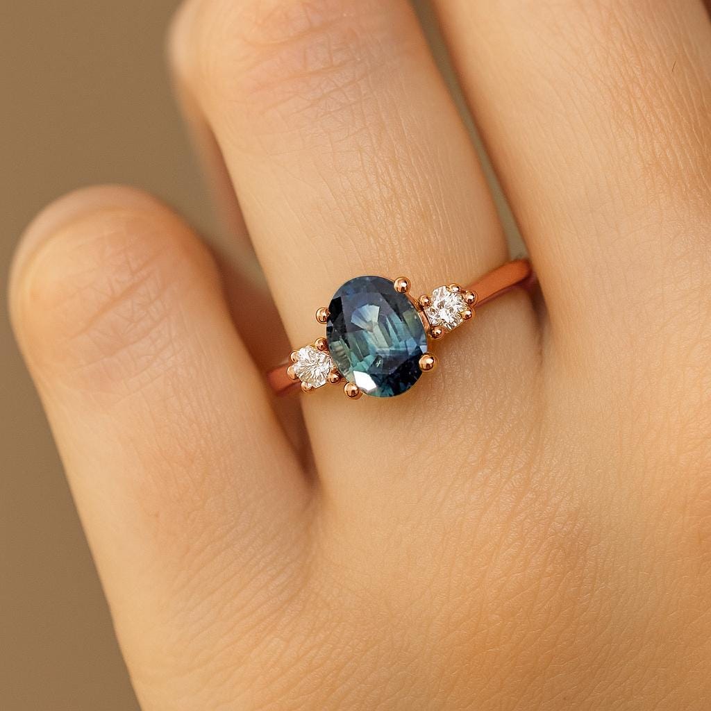 1ct Teal Sapphire Ring, Oval Engagement Ring