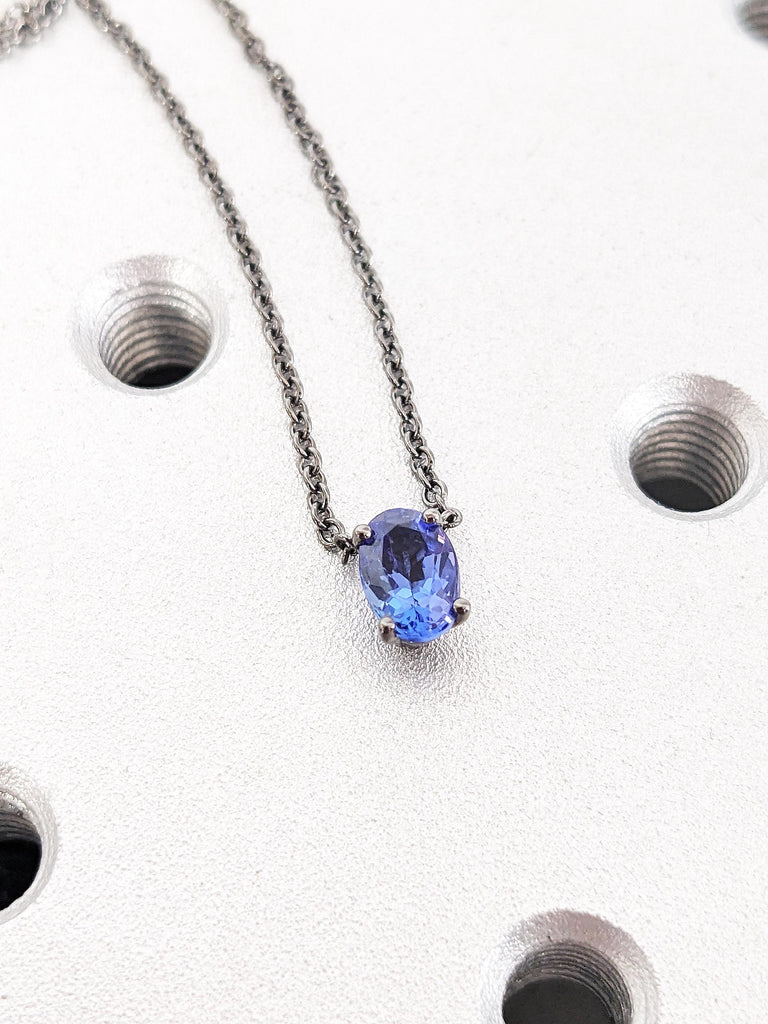 14K Solid Black Gold Violet Blue Tanzanite Necklace, Oval Cut Tanzanite Capricorn Blue Pendant, Unique Wedding Jewelry, Anniversary Gift