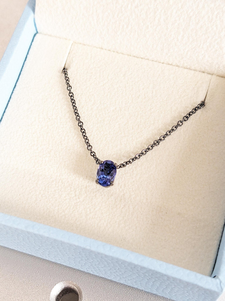 14K Solid Black Gold Violet Blue Tanzanite Necklace, Oval Cut Tanzanite Capricorn Blue Pendant, Unique Wedding Jewelry, Anniversary Gift