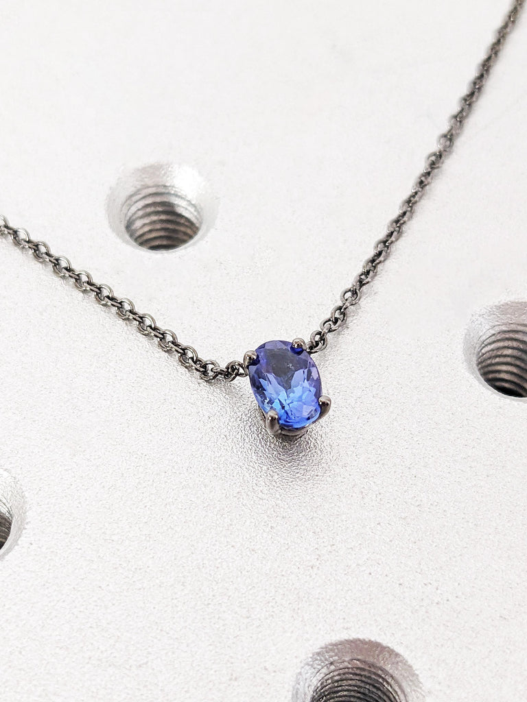 14K Solid Black Gold Violet Blue Tanzanite Necklace, Oval Cut Tanzanite Capricorn Blue Pendant, Unique Wedding Jewelry, Anniversary Gift