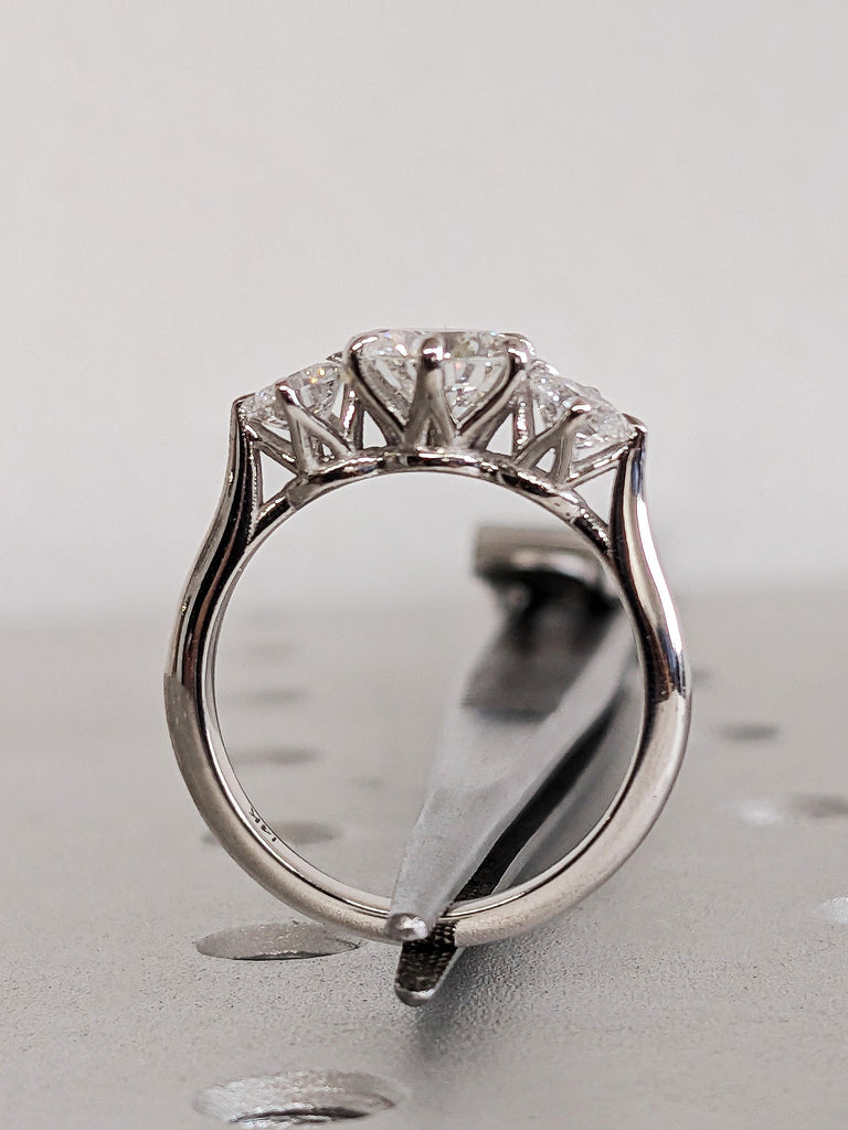 Custom 14K Solid White Gold Lab Grown Diamond Talon Prong Wedding Band, Round Cut Three Stone White Diamond Wedding Band