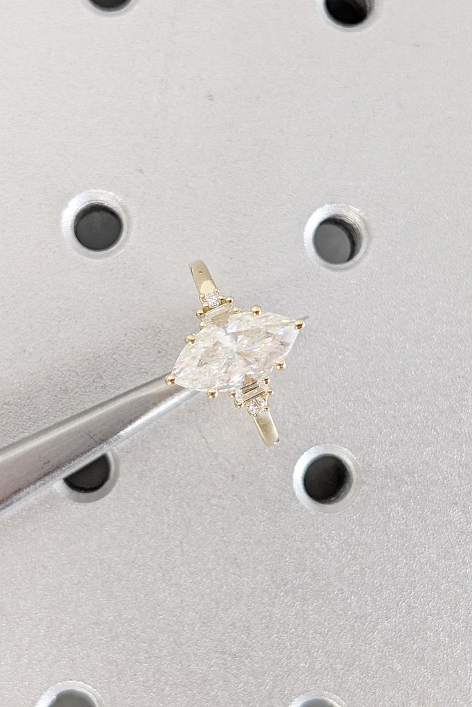 Lab Grown Diamond Engagement Ring | 14K Yellow Gold Marquise Cut Diamond Ring | Baguette Ring | Unique Bridal Ring | Solid Gold Wedding Ring image #2