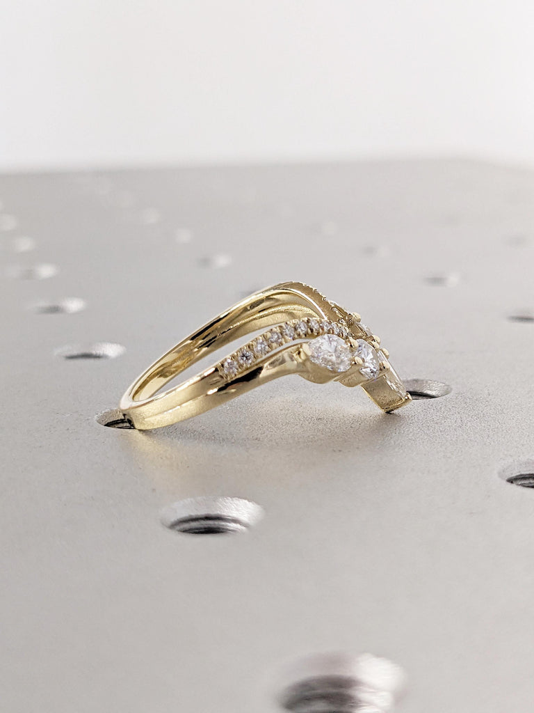 Diamond Wedding Band, 14k Solid Gold Ring, V Shaped Stacking Ring, Chevron Cluster Ring