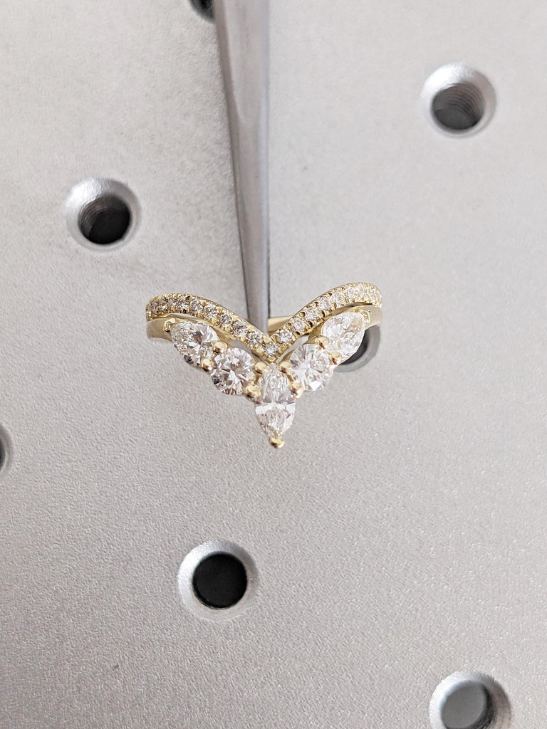 Diamond Wedding Band, 14k Solid Gold Ring, V Shaped Stacking Ring, Chevron Cluster Ring