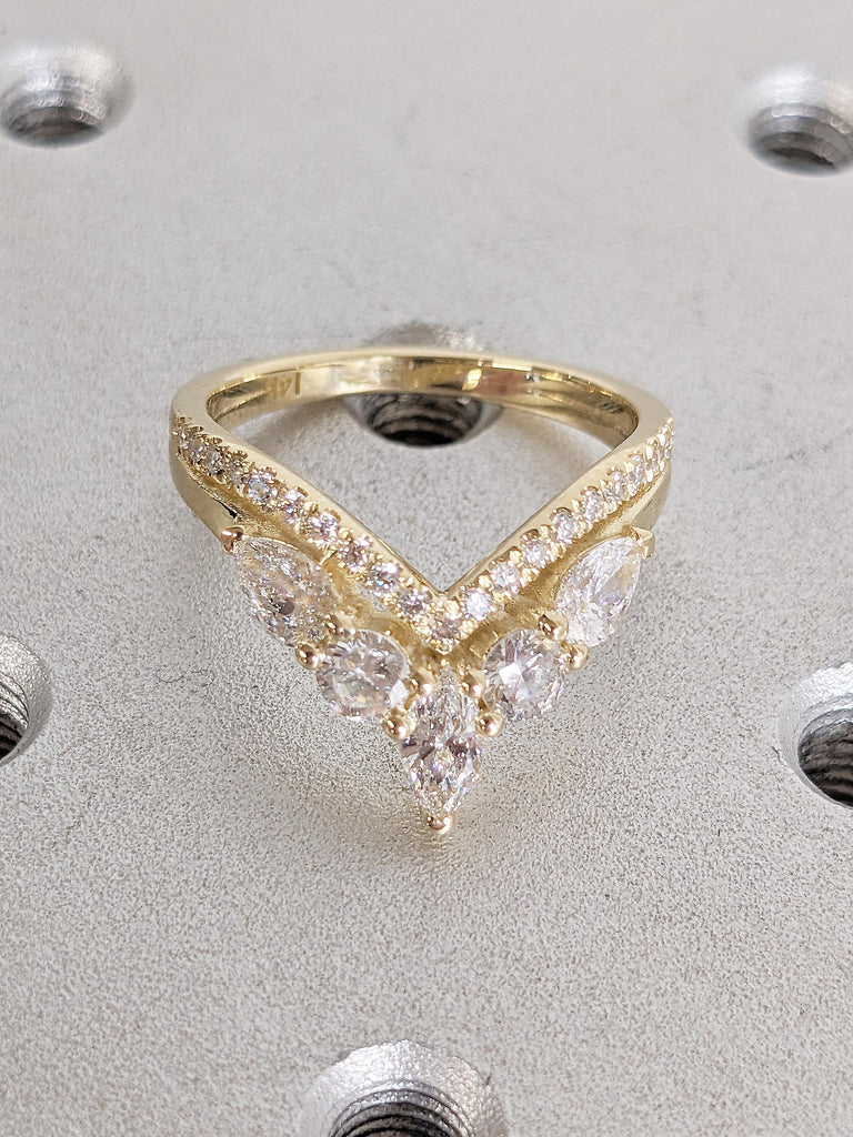 Diamond Wedding Band, 14k Solid Gold Ring, V Shaped Stacking Ring, Chevron Cluster Ring