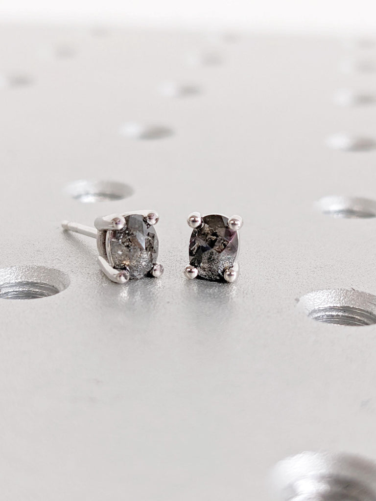 Salt and Pepper Diamond Earrings | 14K White Gold Earrings | Earring Studs Pair | Oval Earrings | Minimalist Earrings | Everyday Earrings