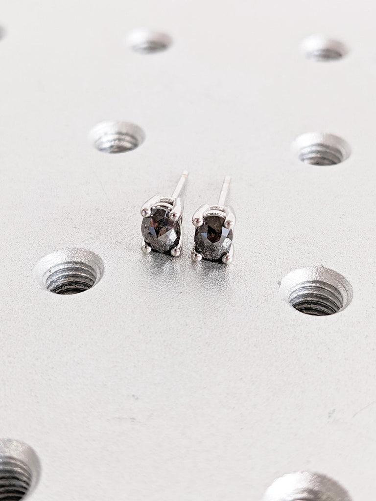 Salt and Pepper Diamond Earrings | 14K White Gold Earrings | Earring Studs Pair | Oval Earrings | Minimalist Earrings | Everyday Earrings