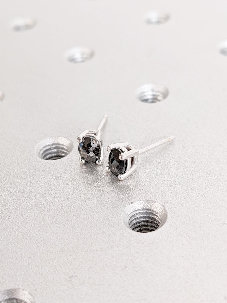 Salt and Pepper Diamond Earrings | 14K White Gold Earrings | Earring Studs Pair | Oval Earrings | Minimalist Earrings | Everyday Earrings
