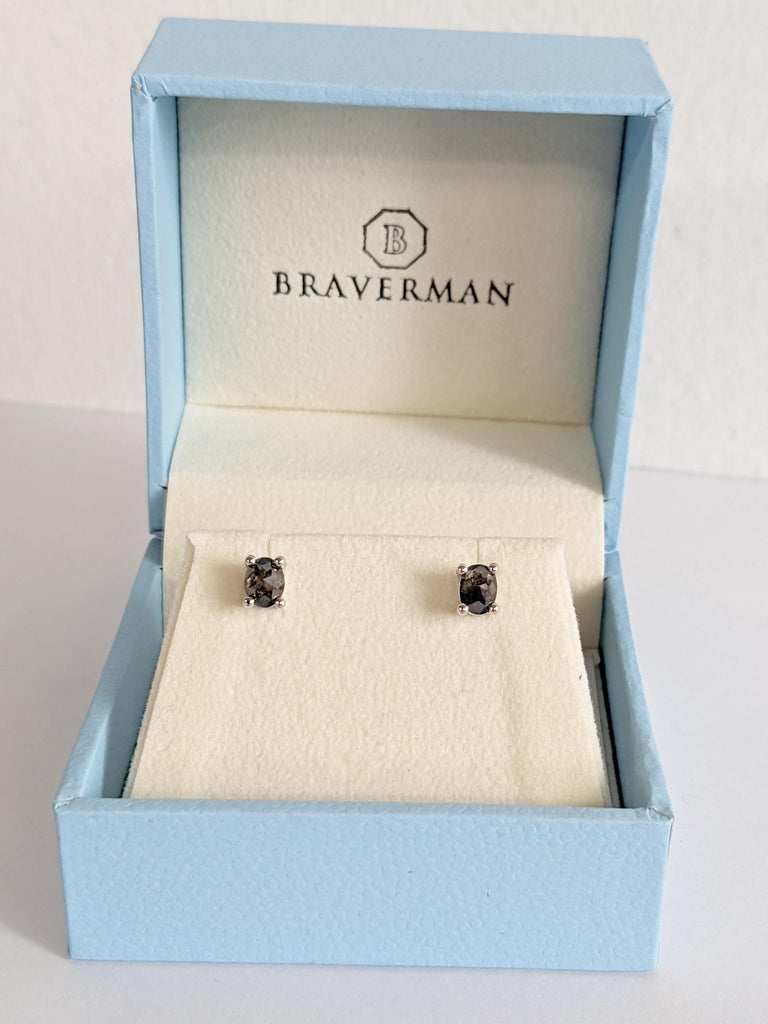 Salt and Pepper Diamond Earrings | 14K White Gold Earrings | Earring Studs Pair | Oval Earrings | Minimalist Earrings | Everyday Earrings