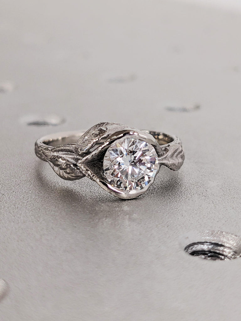 Round Cut Moissanite Engagement Ring, Platinum Solitaire Moissanite Lotus Leaves Band, Unique Bridal Jewelry, Custom Women's Wedding Ring