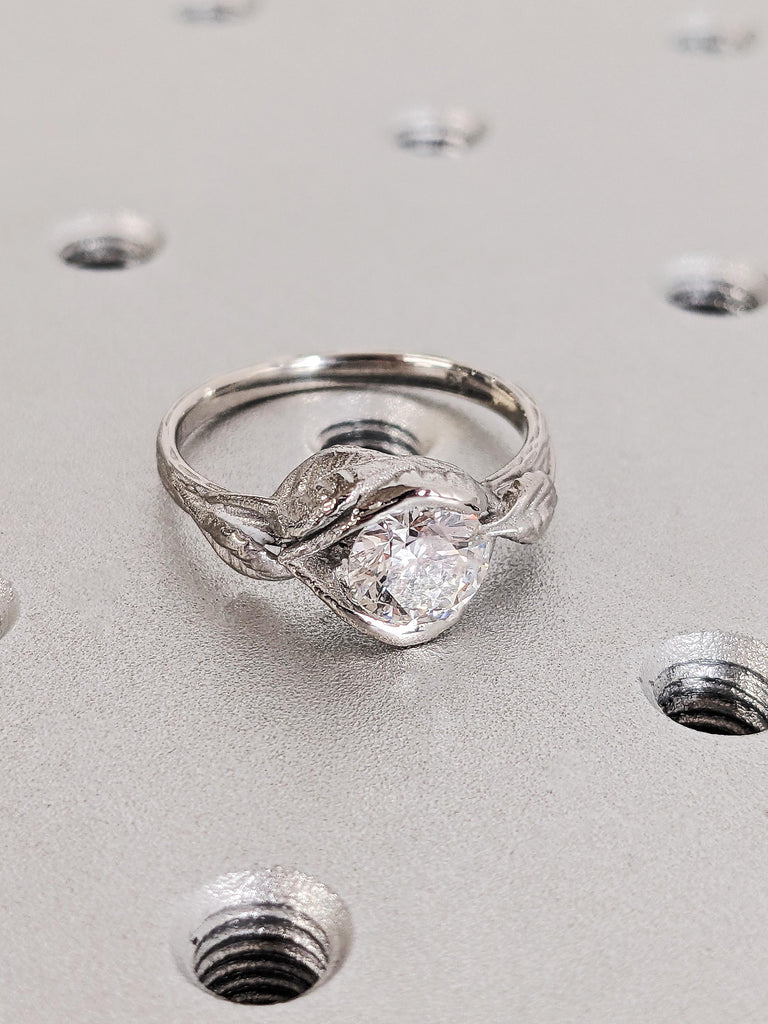 Round Cut Moissanite Engagement Ring, Platinum Solitaire Moissanite Lotus Leaves Band, Unique Bridal Jewelry, Custom Women's Wedding Ring