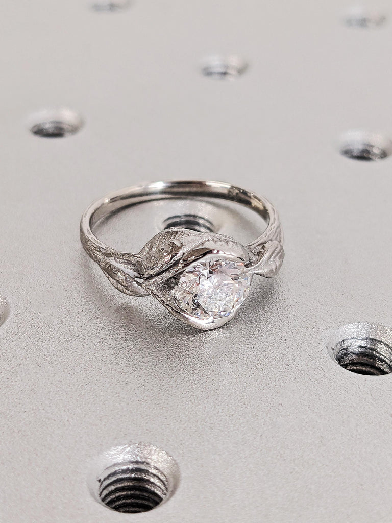 Platinum Solitaire Moissanite Diamond Engagement Ring, Lotus Leaves Flower Wedding Band, Unique Bridal Jewelry