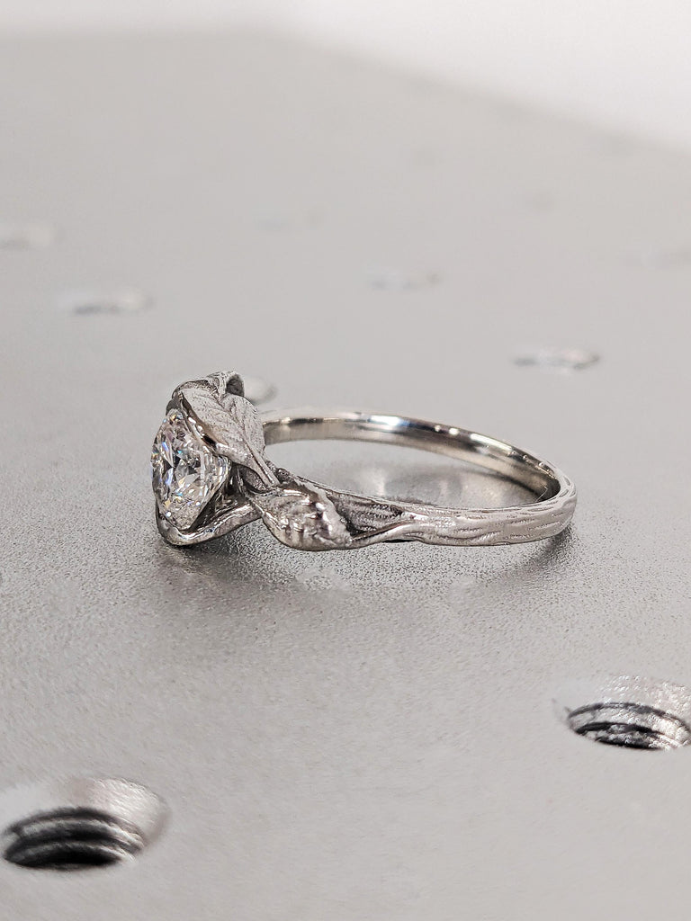Round Cut Moissanite Engagement Ring, Platinum Solitaire Moissanite Lotus Leaves Band, Unique Bridal Jewelry, Custom Women's Wedding Ring