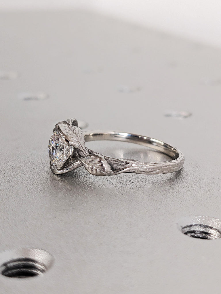 Platinum Solitaire Moissanite Diamond Engagement Ring, Lotus Leaves Flower Wedding Band, Unique Bridal Jewelry