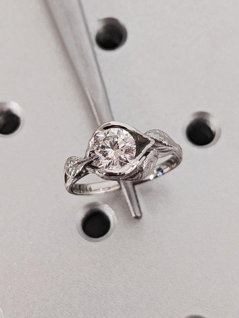 Round Cut Moissanite Engagement Ring, Platinum Solitaire Moissanite Lotus Leaves Band, Unique Bridal Jewelry, Custom Women's Wedding Ring