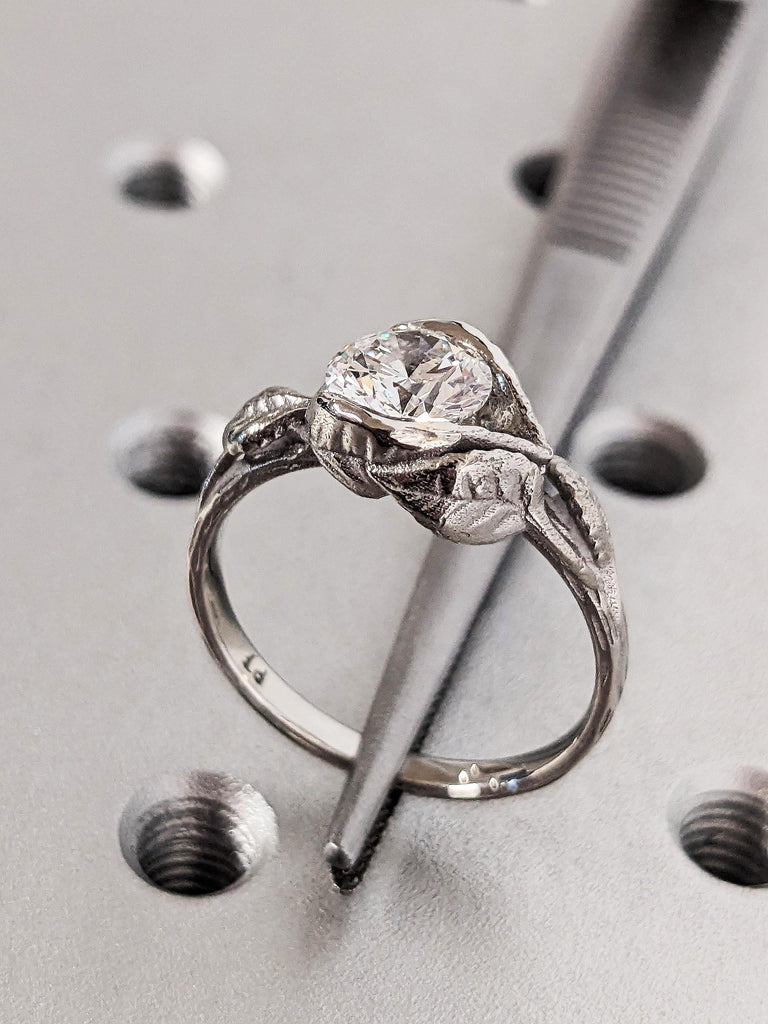 Round Cut Moissanite Engagement Ring, Platinum Solitaire Moissanite Lotus Leaves Band, Unique Bridal Jewelry, Custom Women's Wedding Ring