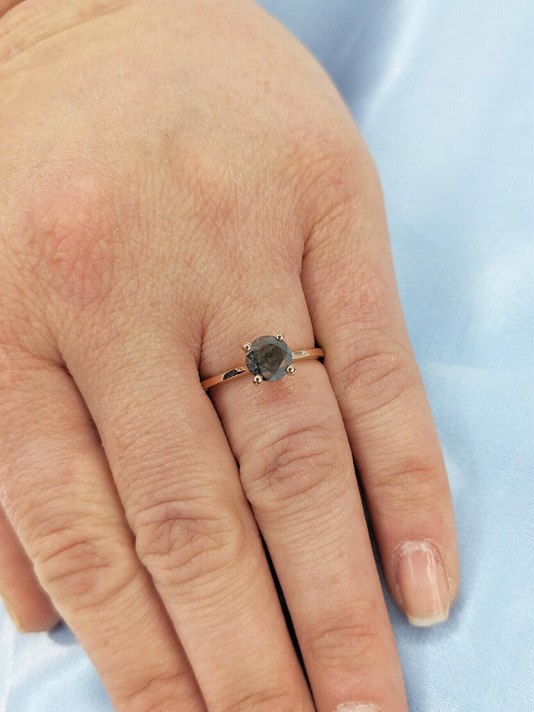 Round Cut Salt and Pepper Diamond Engagement Ring, Dainty 18k Rose Gold Promise Ring for Her, Solitaire Ring, Unique Wedding Ring for Women