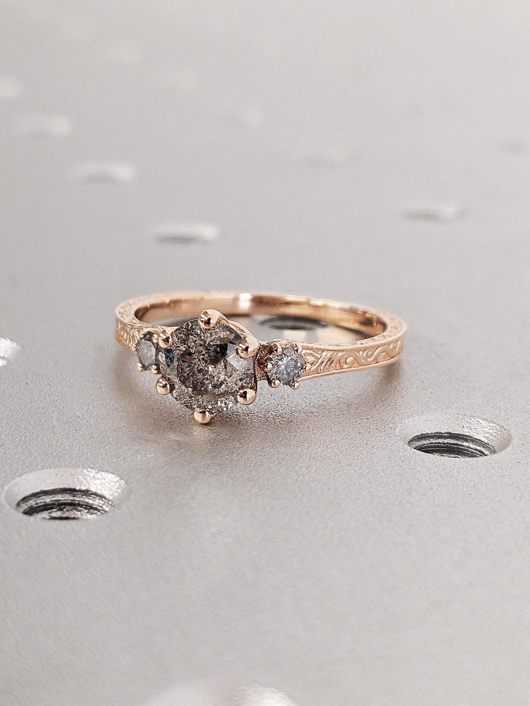 Round Cut Salt and Pepper Diamond Engagement Ring, 14K Rose Gold Art Deco 3 Stone Black Diamond Ring, Vintage Filigree Bridal Band