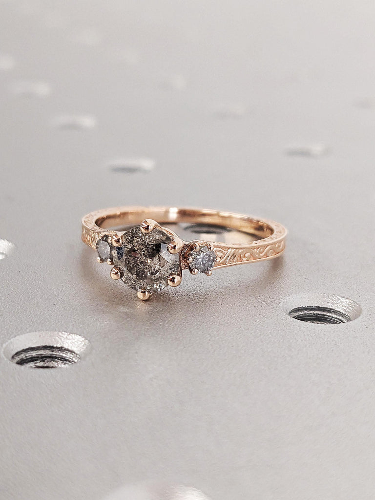 Vintage Raw Salt and Pepper Diamond Engagement Ring, Art Deco Round Cut Multi Stone Galaxy Diamond Ring, 14K Rose Gold Filigree Wedding Band