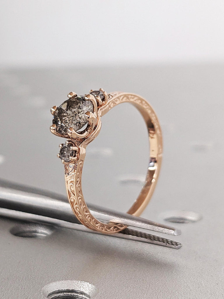 Round Cut Salt and Pepper Diamond Engagement Ring, 14K Rose Gold Art Deco 3 Stone Black Diamond Ring, Vintage Filigree Bridal Band