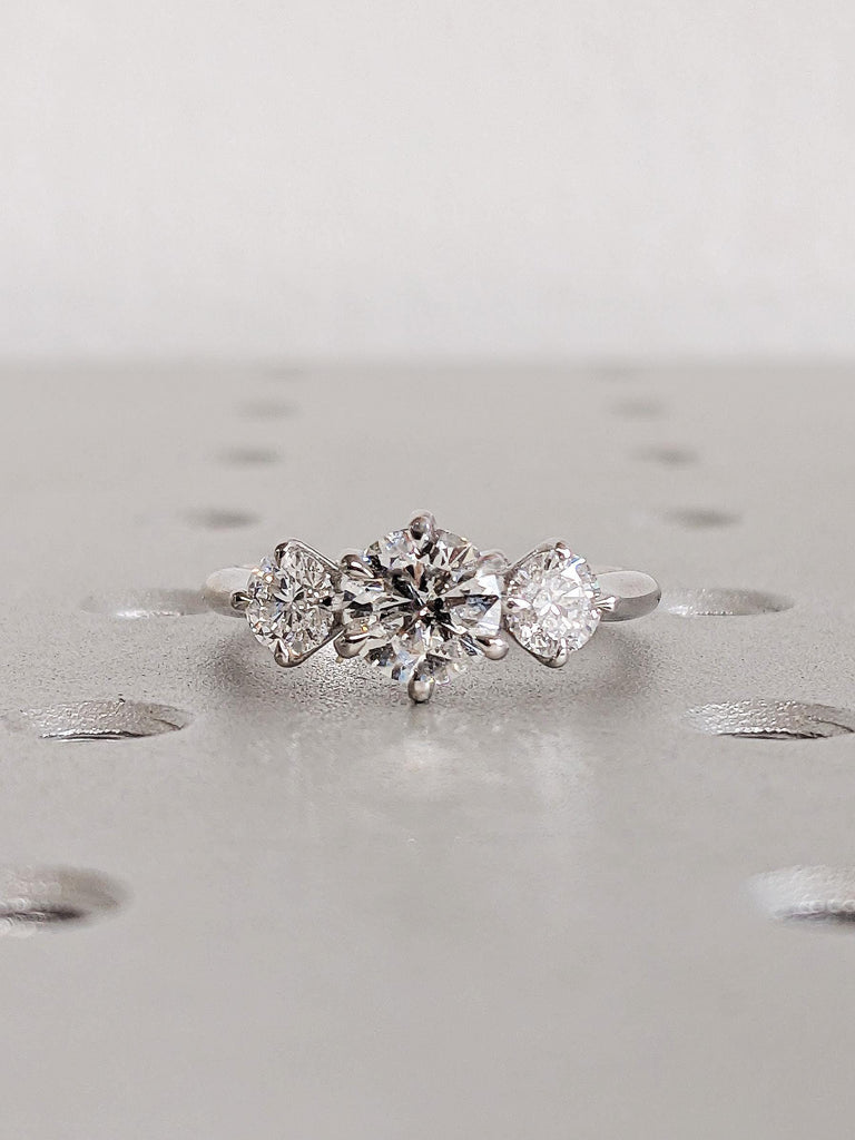 Classic Round Cut Moissanite Three Stone Trellis Engagement Ring, Custom 14K Multi Stone White Diamond Wedding Band, Unique Bridal Jewelry