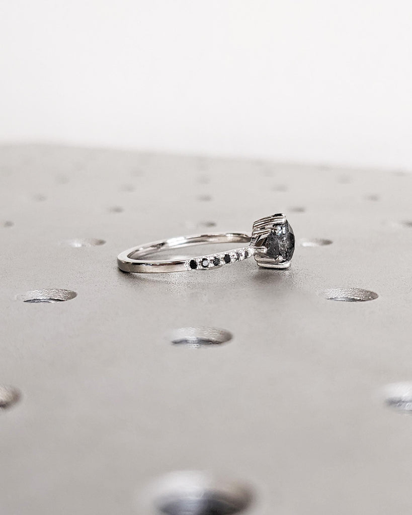 Hexagon Salt and Pepper Diamond Engagement Ring, Half Eternity Band, Trillion Diamonds, Art Deco Wedding 14K White Gold Promise Ring for Her