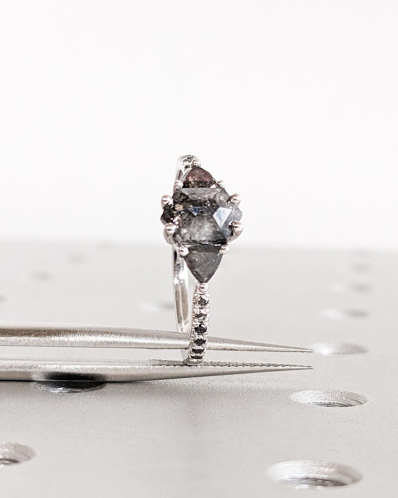 Vintage Grey Salt and Pepper Diamond Ring: Hexagon Diamond, Trillion Side Diamonds, Half Eternity Black Diamond Band, 14K White Gold