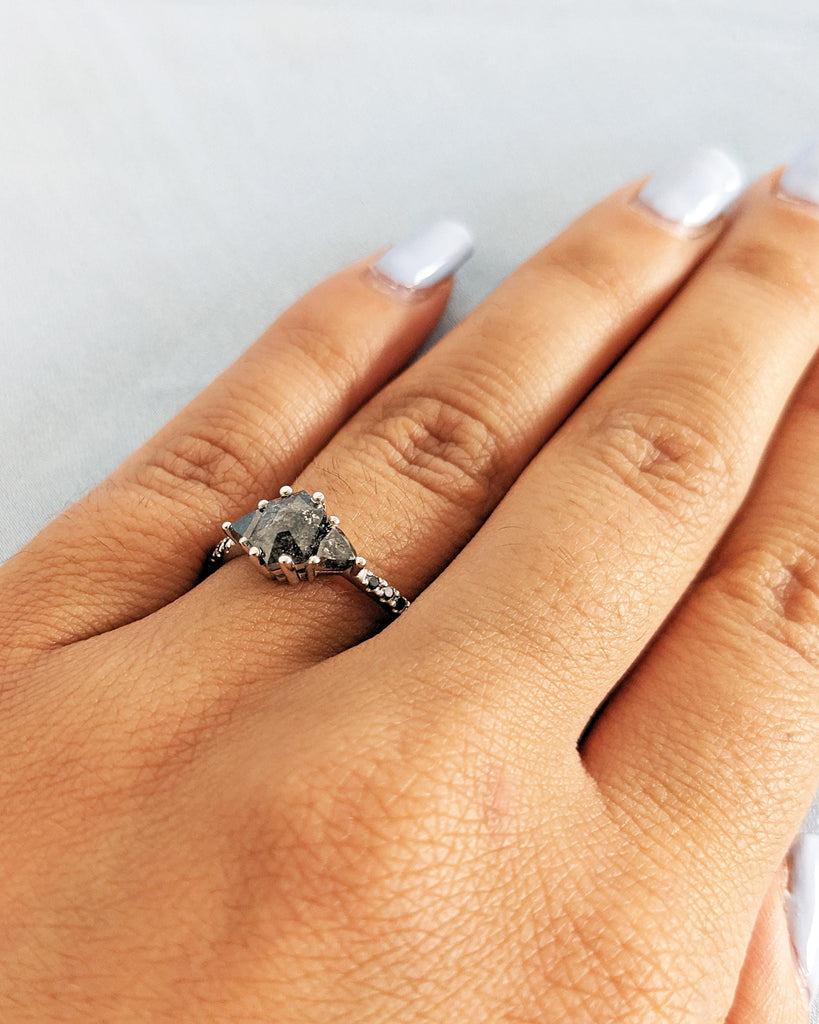 Vintage Grey Salt and Pepper Diamond Ring: Hexagon Diamond, Trillion Side Diamonds, Half Eternity Black Diamond Band, 14K White Gold