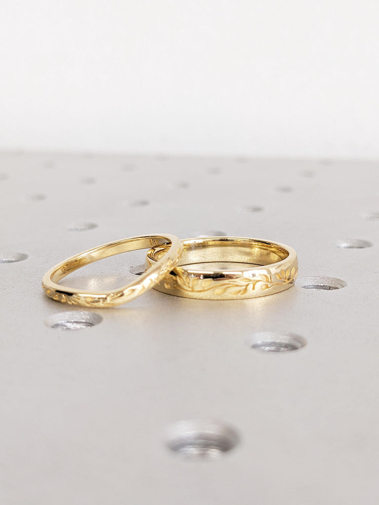 18K Yellow Gold Wedding Band, Couple Ring Set, Wedding Band Set, Unique Couple Ring, His and Her Ring, Promise Ring, Personalized Ring Gifts