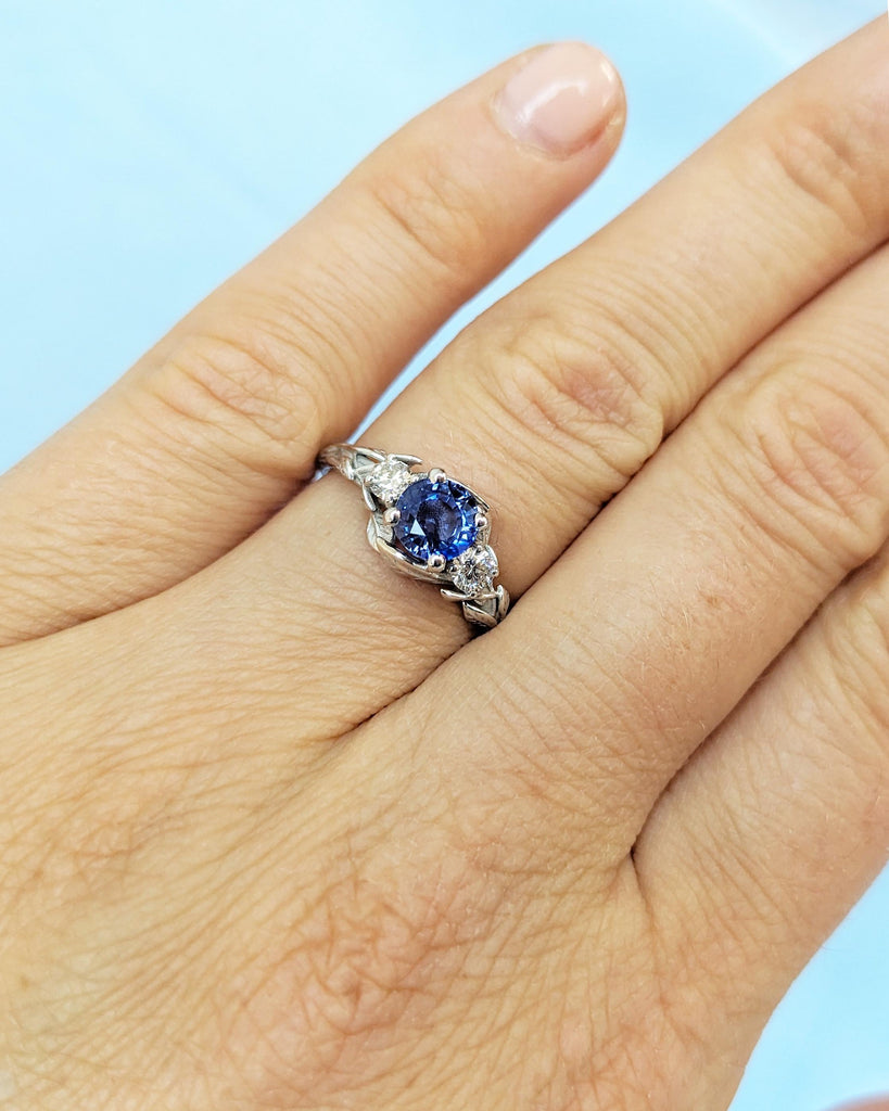 Natural Cornflower Blue Sapphire Engagement Ring, Round Diamond and Natural Sapphire Ring, 14K White Gold Leaf Ring