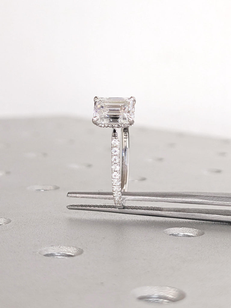 1ct Lab Grown Diamond Ring, Emerald Cut Engagement Ring, 14k Gold Hidden Halo Ring