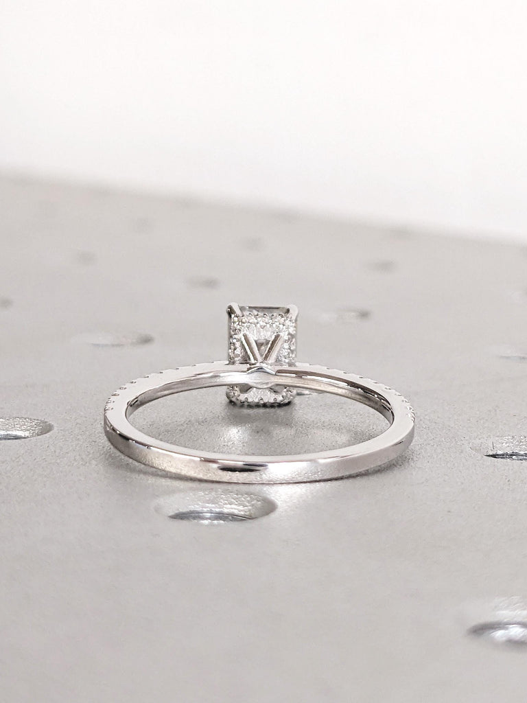 1ct Lab Grown Diamond Ring, Emerald Cut Engagement Ring, 14k Gold Hidden Halo Ring