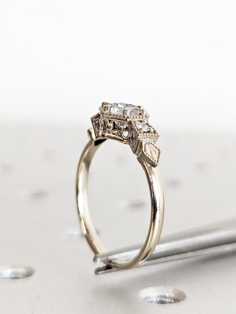 Engraved Round Cut Lab Grown Diamond Engagement Ring | 14k White Gold Victorian Diamond Wedding Ring | IGI Certified Diamond Vintage Promise Ring