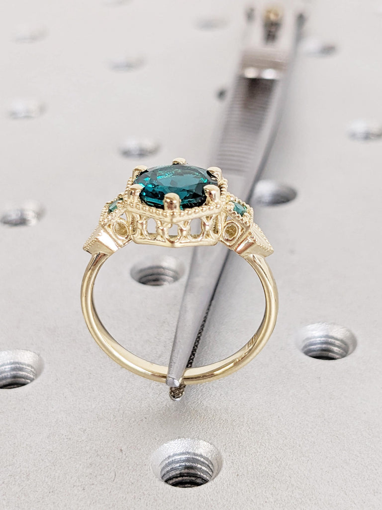 Lab Emerald Engagement Ring, Round Emerald Wedding Ring, Vintage Milgrain Emerald Ring in 14K Yellow Gold, Emerald Jewelry