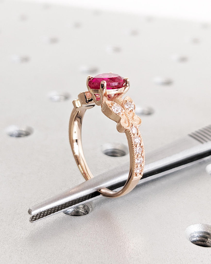 14K Rose Gold Butterfly Ring, Dainty Red Ruby Promise Ring, Pear Lab Ruby Engagement Ring, Teardrop Ring, Nature Ring, July Birthstone Gift