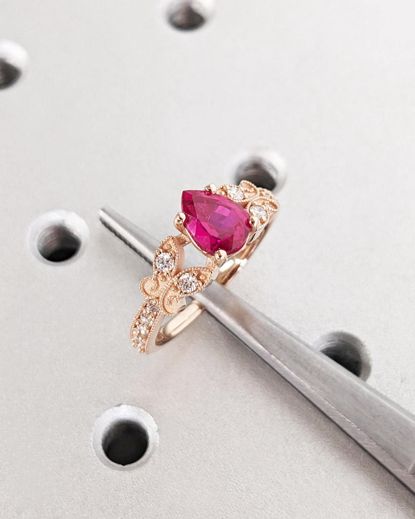 14K Rose Gold Butterfly Ring, Dainty Red Ruby Promise Ring, Pear Lab Ruby Engagement Ring, Teardrop Ring, Nature Ring, July Birthstone Gift