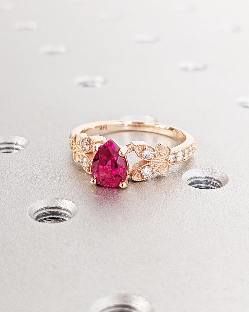 14K Rose Gold Butterfly Ring, Dainty Red Ruby Promise Ring, Pear Lab Ruby Engagement Ring, Teardrop Ring, Nature Ring, July Birthstone Gift