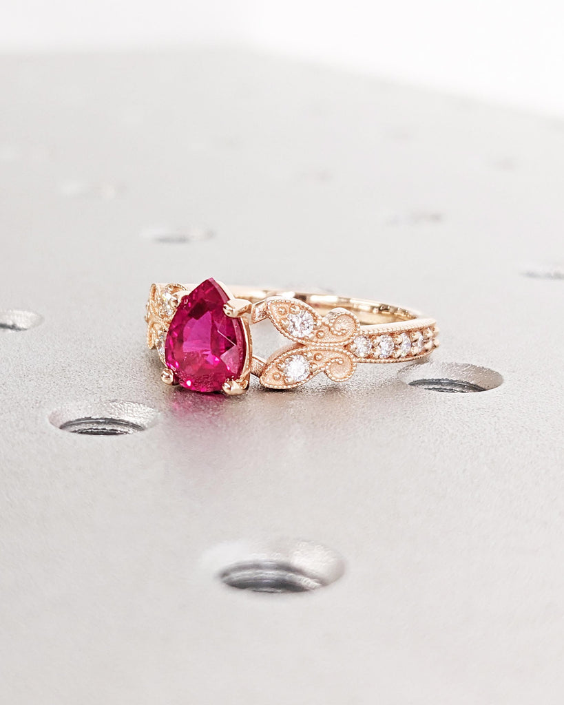 14K Rose Gold Butterfly Ring, Dainty Red Ruby Promise Ring, Pear Lab Ruby Engagement Ring, Teardrop Ring, Nature Ring, July Birthstone Gift