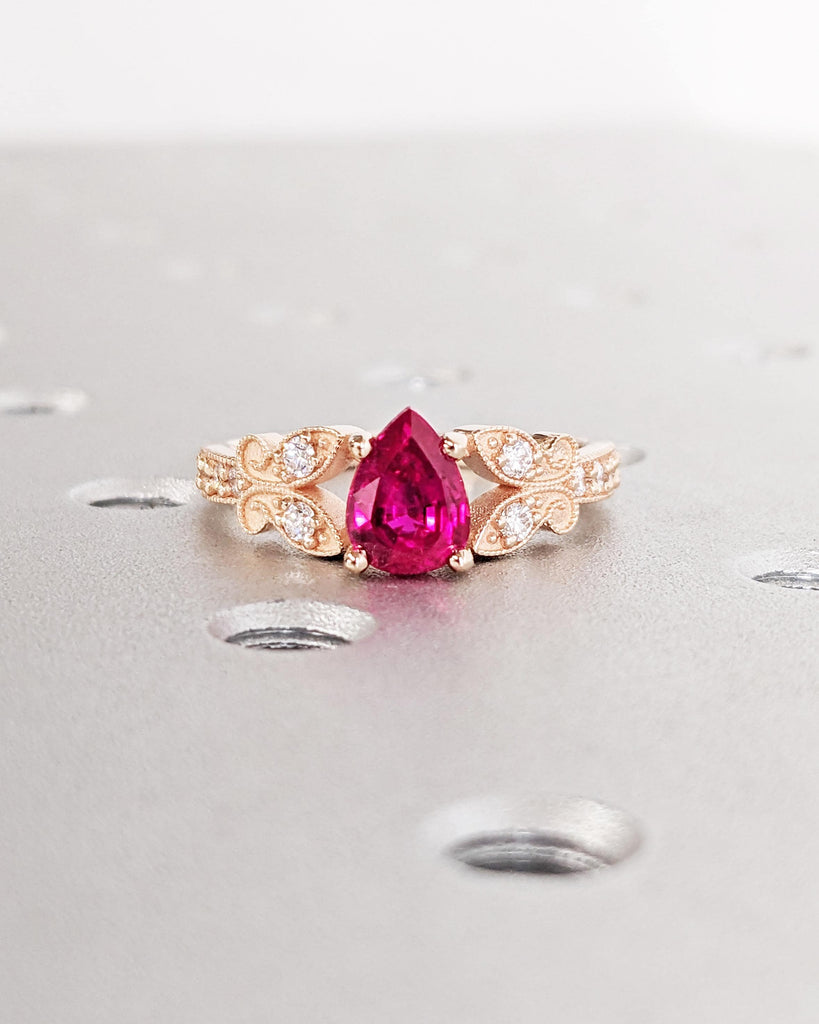 Filigree Butterfly Ring: Teardrop Ruby and Round Diamonds, Pear Cut Ring, Nature Engagement Ring, 14K Rose Gold, Butterfly Jewelry