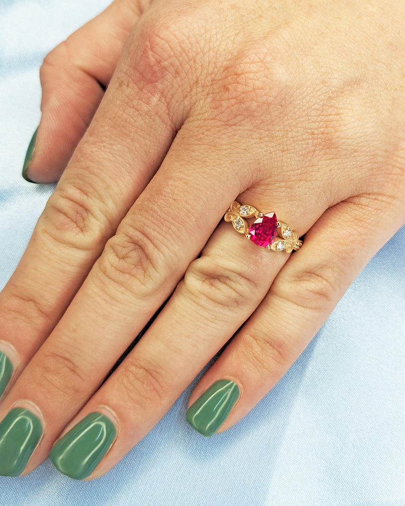 14K Rose Gold Butterfly Ring, Dainty Red Ruby Promise Ring, Pear Lab Ruby Engagement Ring, Teardrop Ring, Nature Ring, July Birthstone Gift