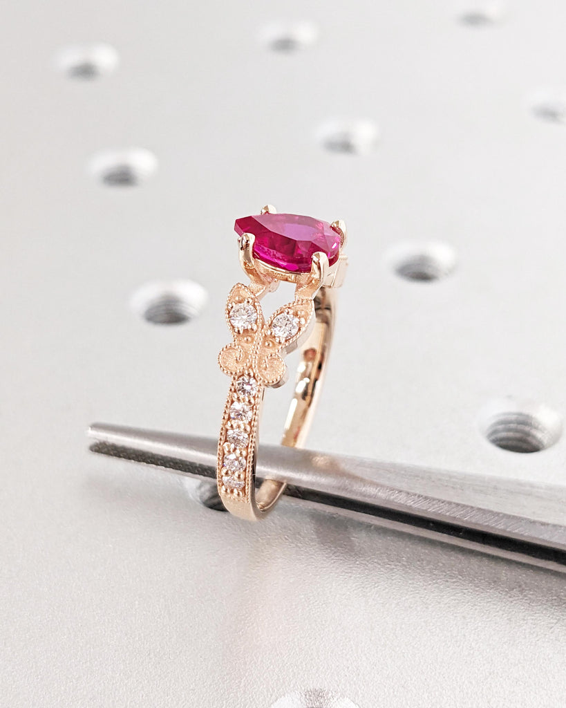 14K Rose Gold Butterfly Ring, Dainty Red Ruby Promise Ring, Pear Lab Ruby Engagement Ring, Teardrop Ring, Nature Ring, July Birthstone Gift