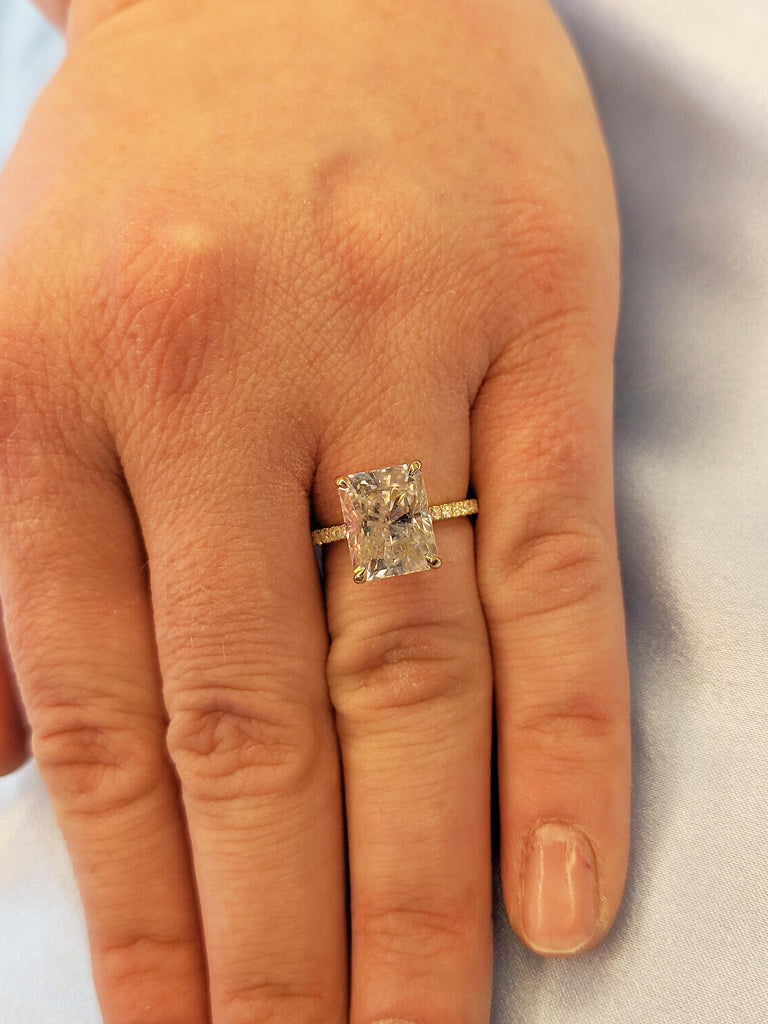 Hidden Halo Moissanite Ring, 14k Yellow Gold Half Eternity Ring, Dainty Engagement Ring