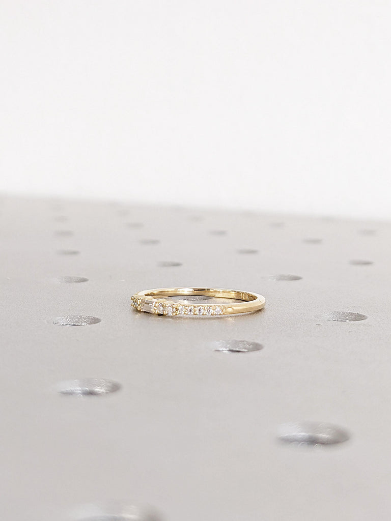 18K Yellow Gold Matching Ring | Dainty Diamond Wedding Band | Baguette and Round Prong Setting Diamond Band | Classic Stacking Bridal Ring