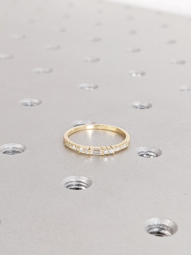 18K Yellow Gold Matching Ring | Dainty Diamond Wedding Band | Baguette and Round Prong Setting Diamond Band | Classic Stacking Bridal Ring