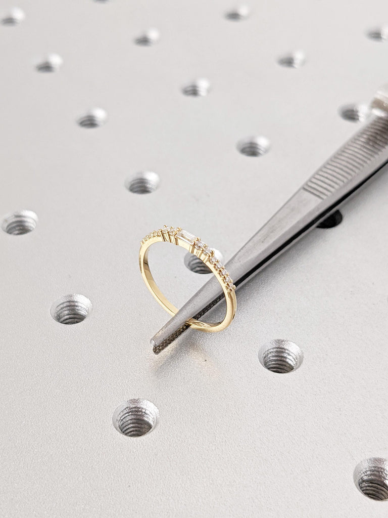 18K Yellow Gold Matching Ring | Dainty Diamond Wedding Band | Baguette and Round Prong Setting Diamond Band | Classic Stacking Bridal Ring