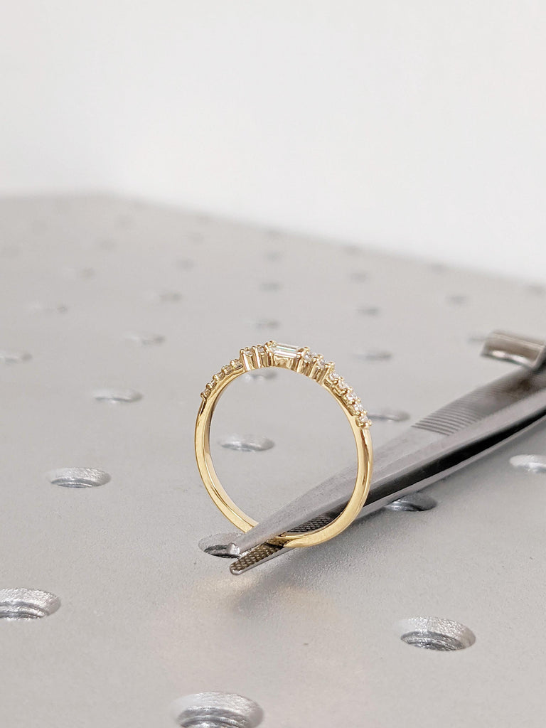 18K Yellow Gold Matching Ring | Dainty Diamond Wedding Band | Baguette and Round Prong Setting Diamond Band | Classic Stacking Bridal Ring